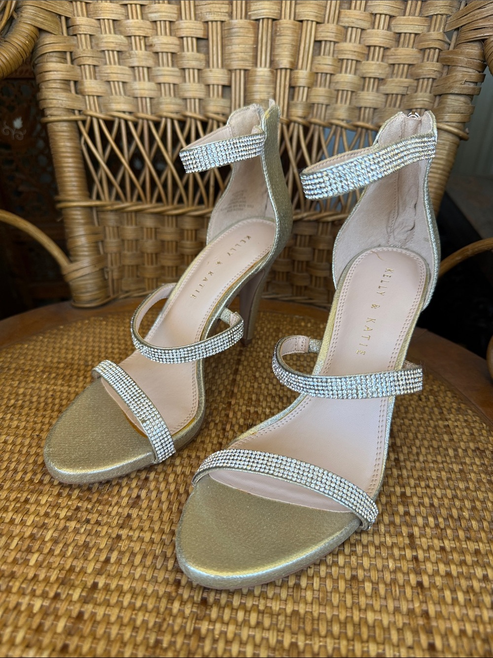 Kelly & Katie Metallic Gold Rhinestone Strap Heels